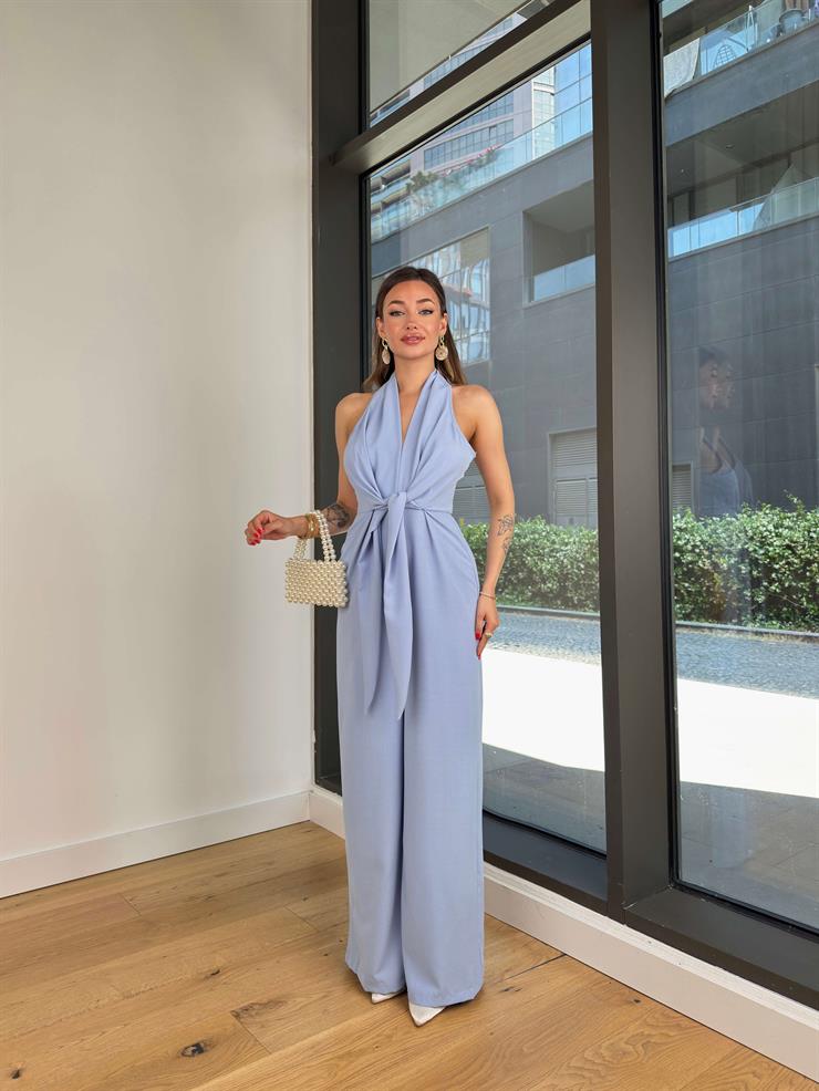 V Yaka Bağlama Detaylı Madox Mavi Kadın Bol Paça Tulum 25Y415