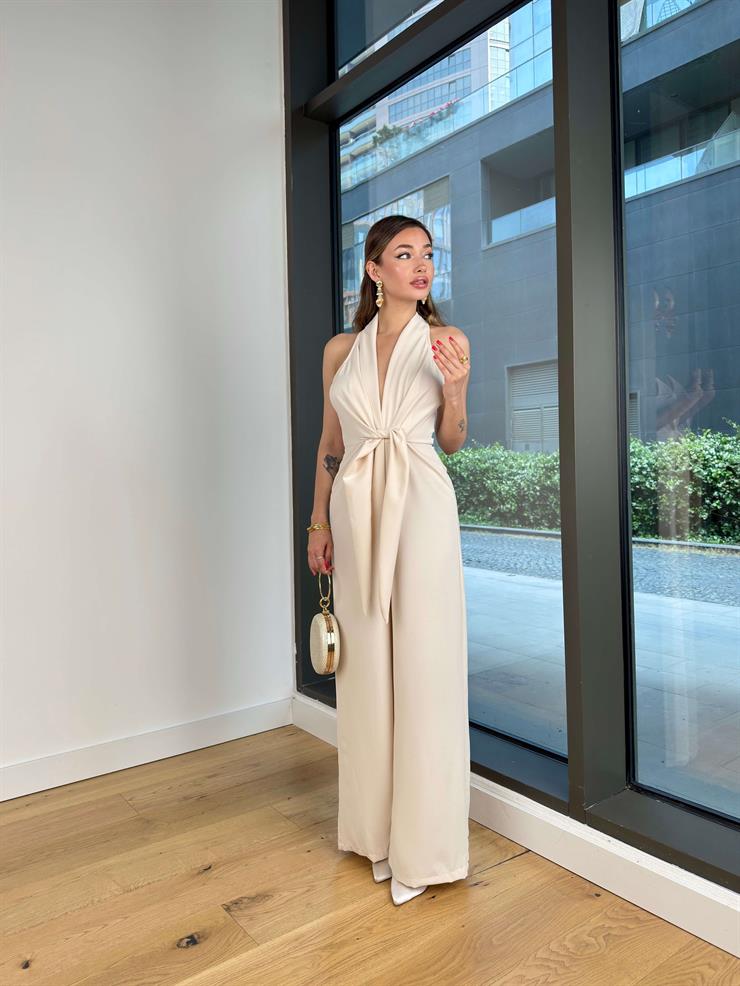 V Yaka Bağlama Detaylı Madox Taş Kadın Bol Paça Tulum 25Y415