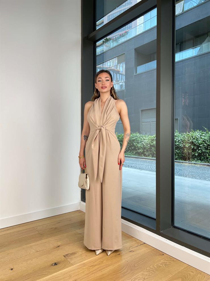 V Yaka Bağlama Detaylı Madox Vizon Kadın Bol Paça Tulum 25Y415