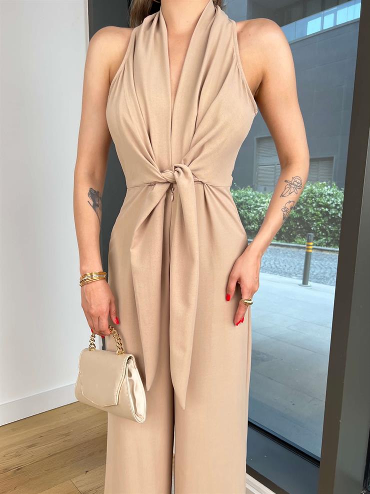 V Yaka Bağlama Detaylı Madox Vizon Kadın Bol Paça Tulum 25Y415