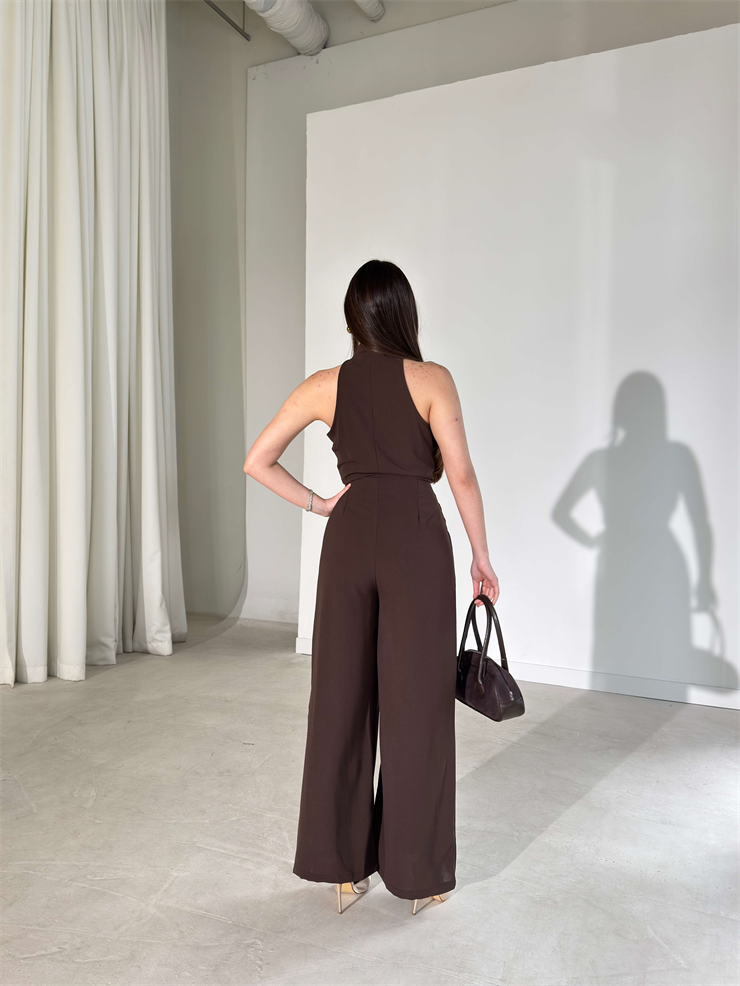 V Yaka Bağlama Detaylı Madox Kahve Kadın Bol Paça Tulum 26Y110