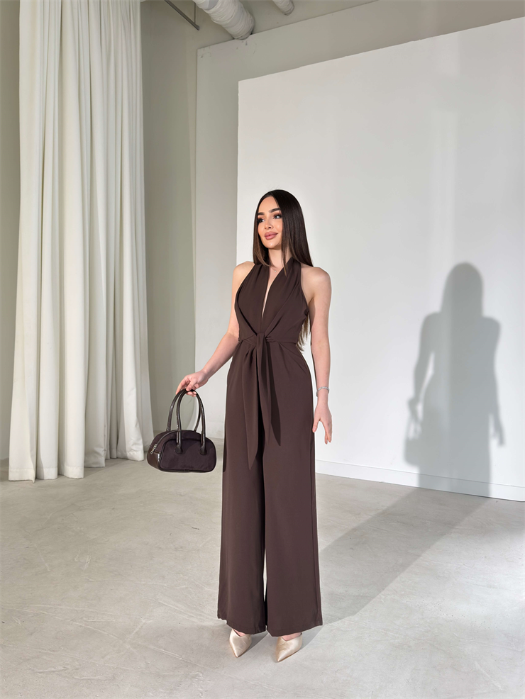 V Yaka Bağlama Detaylı Madox Kahve Kadın Bol Paça Tulum 26Y110