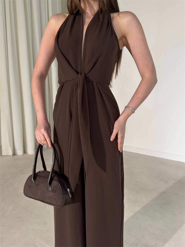 V Yaka Bağlama Detaylı Madox Kahve Kadın Bol Paça Tulum 26Y110