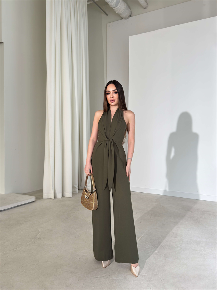 V Yaka Bağlama Detaylı Madox Haki Kadın Bol Paça Tulum 26Y110