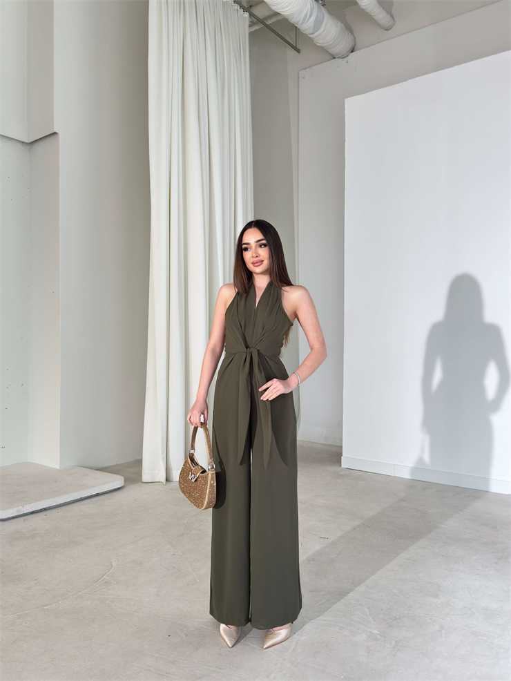 V Yaka Bağlama Detaylı Madox Haki Kadın Bol Paça Tulum 26Y110