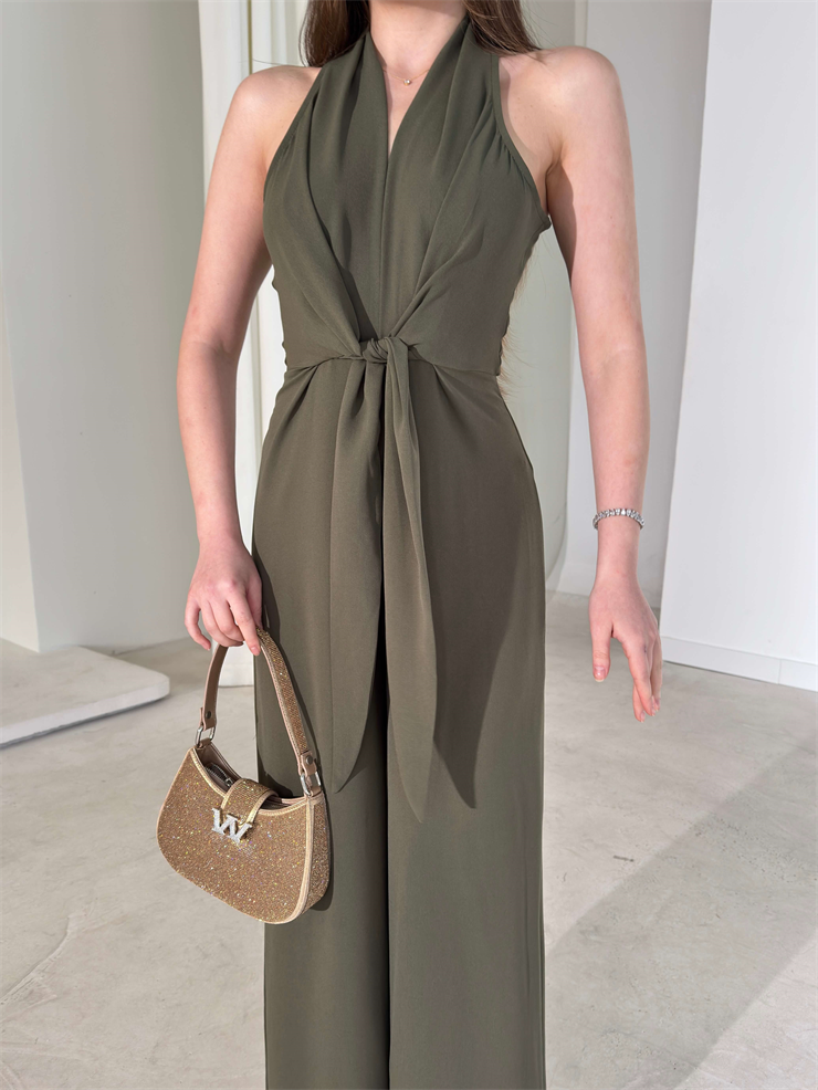 V Yaka Bağlama Detaylı Madox Haki Kadın Bol Paça Tulum 26Y110