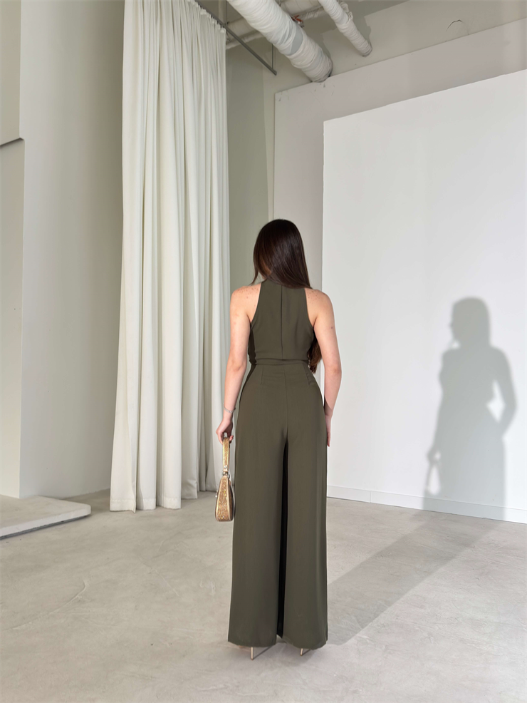 V Yaka Bağlama Detaylı Madox Haki Kadın Bol Paça Tulum 26Y110