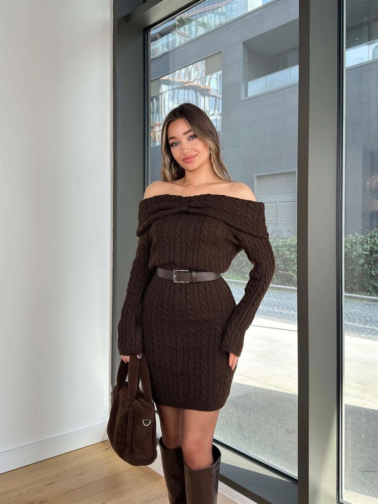 Madonna Yaka Uzun Kol Madrist Kahve Kadın Triko Mini Elbise 25Y053