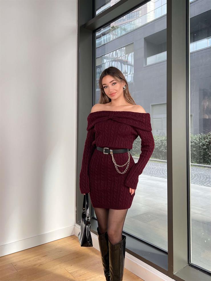 Madonna Yaka Uzun Kol Madrist Bordo Kadın Triko Mini Elbise 25Y053