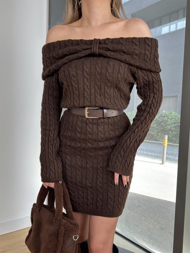 Madonna Yaka Uzun Kol Madrist Kahve Kadın Triko Mini Elbise 25Y053