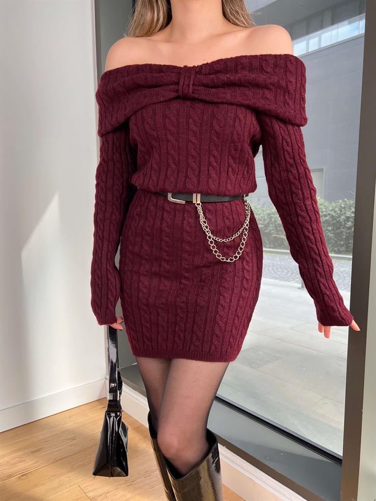 Madonna Yaka Uzun Kol Madrist Bordo Kadın Triko Mini Elbise 25Y053