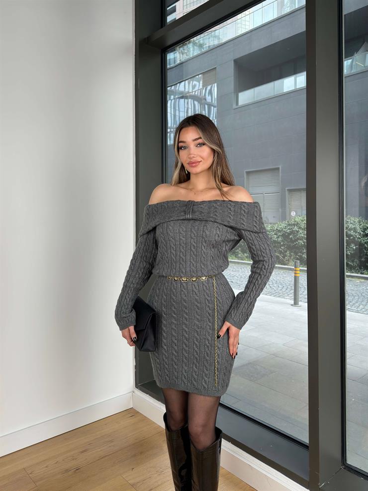 Madonna Yaka Uzun Kol Madrist Antrasit Kadın Triko Mini Elbise 25Y053