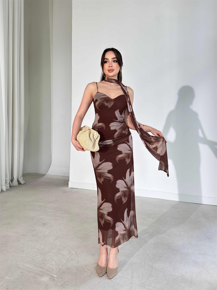 Şallı Kalp Yaka İnce Askılı Tül Kahverengi Madyson Kadın Elbise 26Y192