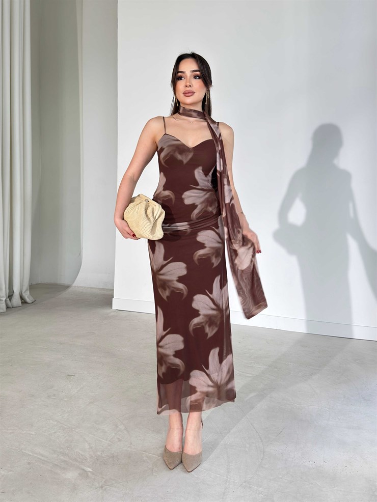 Şallı Kalp Yaka İnce Askılı Tül Kahverengi Madyson Kadın Elbise 26Y192