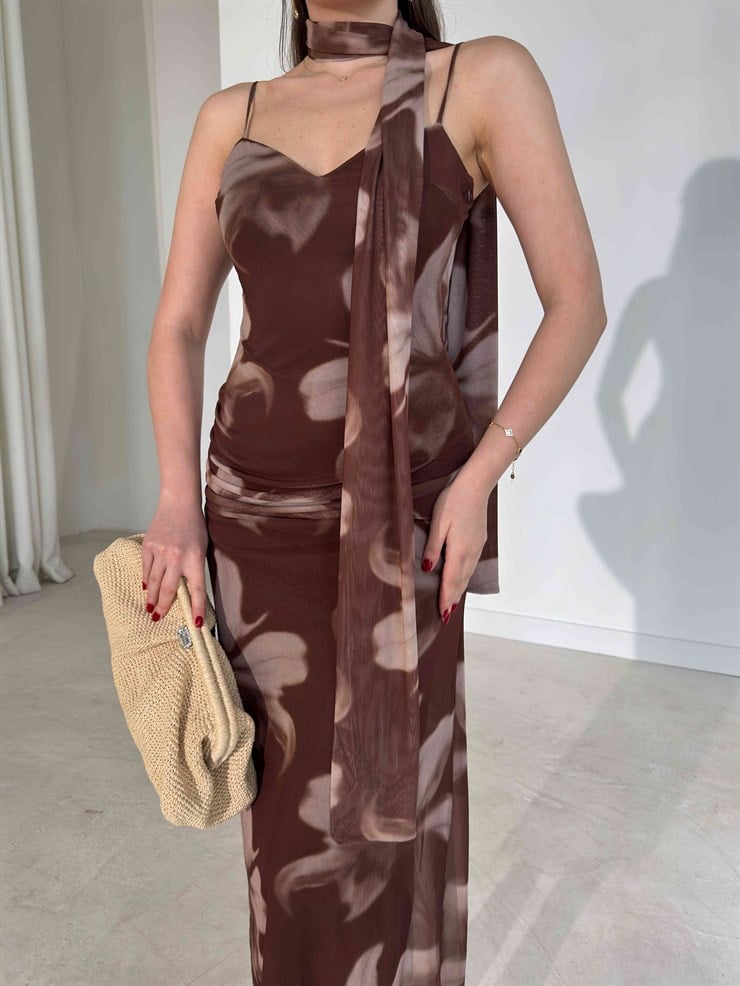 Şallı Kalp Yaka İnce Askılı Tül Kahverengi Madyson Kadın Elbise 26Y192