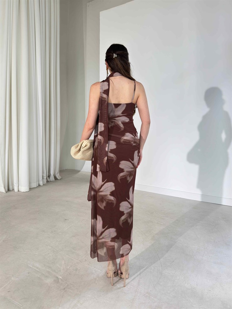 Şallı Kalp Yaka İnce Askılı Tül Kahverengi Madyson Kadın Elbise 26Y192