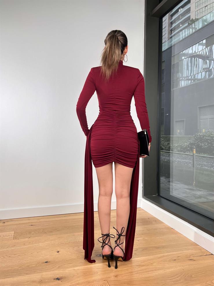Balıkçı Yaka Uzun Kol Eteği Drapeli Mag Bordo Kadın Mini Elbise 25Y086