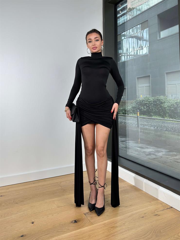 Balıkçı Yaka Uzun Kol Eteği Drapeli Mag Siyah Kadın Mini Elbise 25Y086