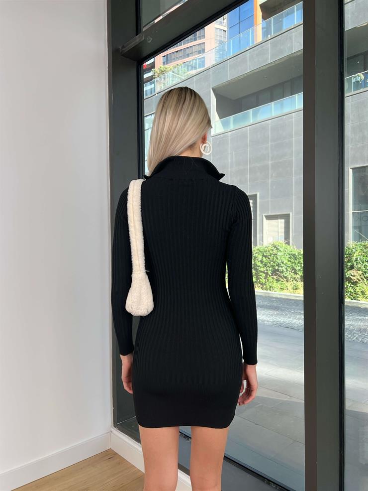 Önü Yarım Fermuarlı Fitilli Magro Kadın Siyah Mini Elbise 24k204