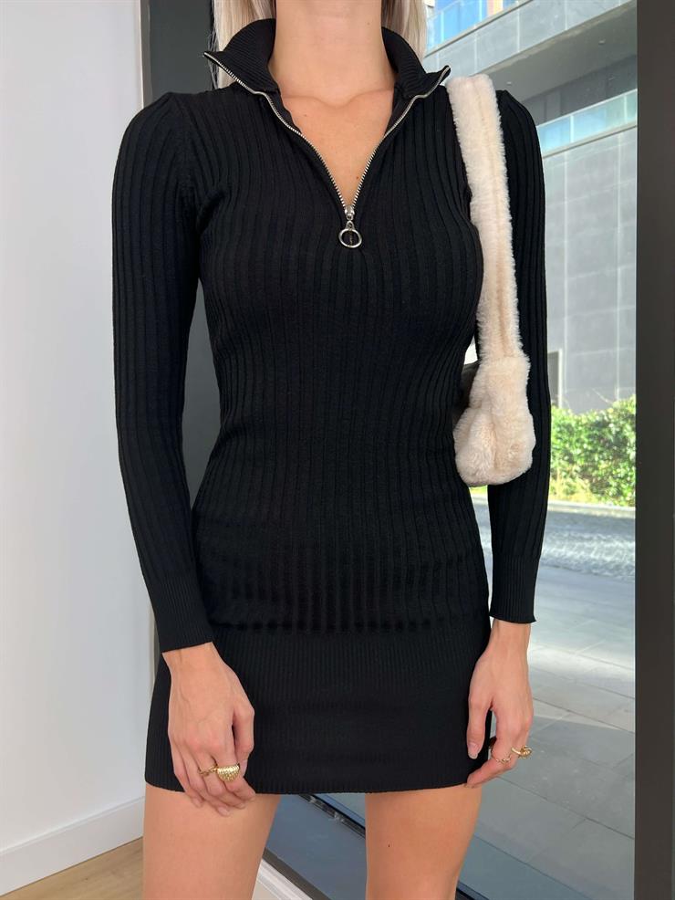 Önü Yarım Fermuarlı Fitilli Magro Kadın Siyah Mini Elbise 24k204