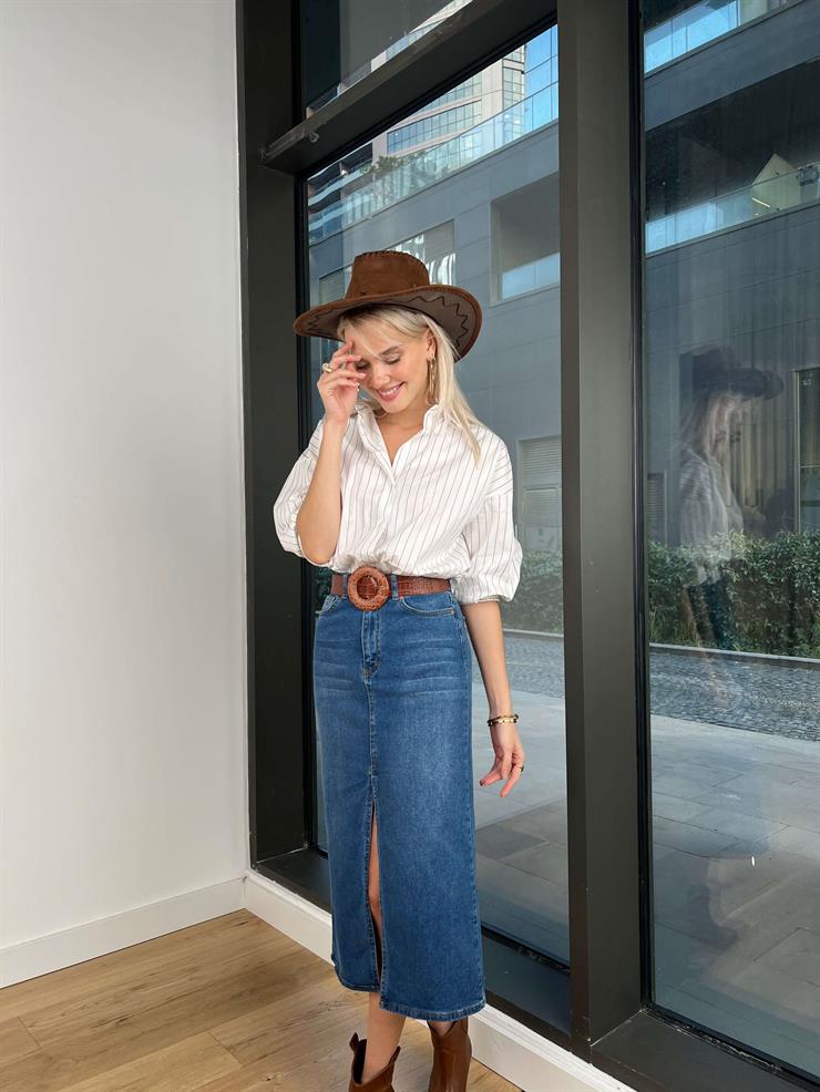 Çizgili Maher Kadın Ekru Gömlek 24k237