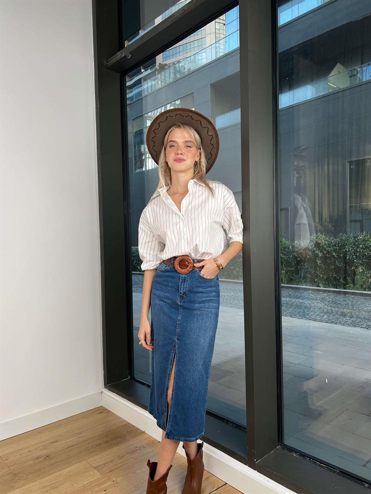 Çizgili Maher Kadın Ekru Gömlek 24k237