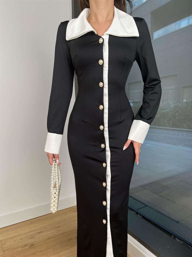 Gömlek Yaka Önü Düğme Kapamalı Maira Kadın Siyah Elbise 24k433