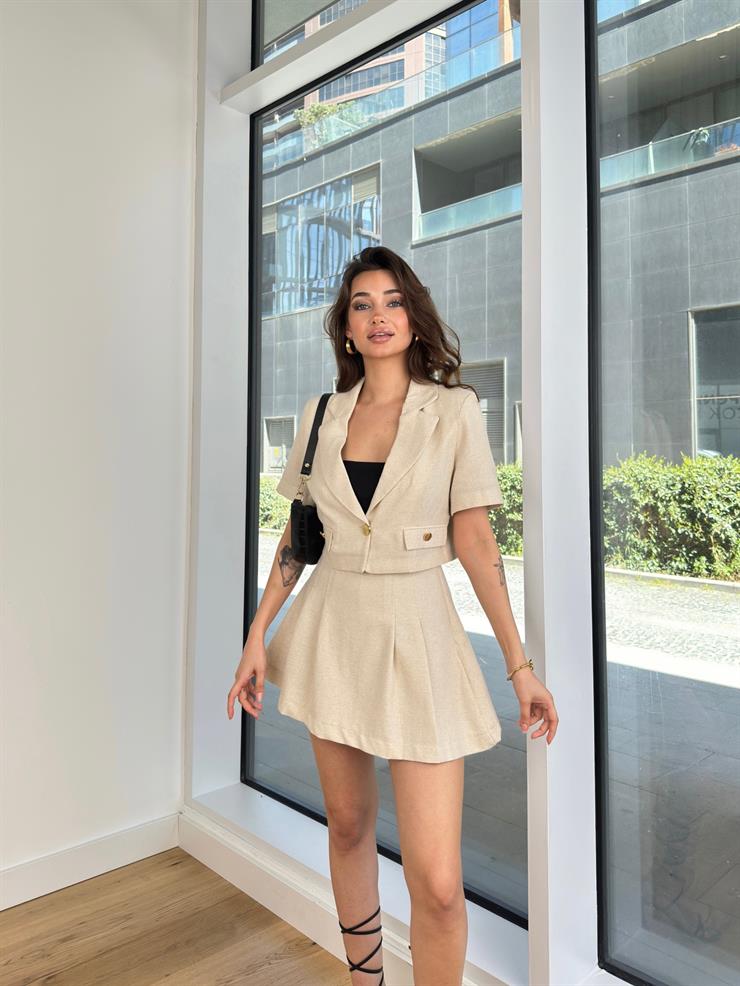 Önü Tek Düğmeli Kısa Kol Crop Ceket Mini Etek Maja Kadın Taş Takım 24Y364