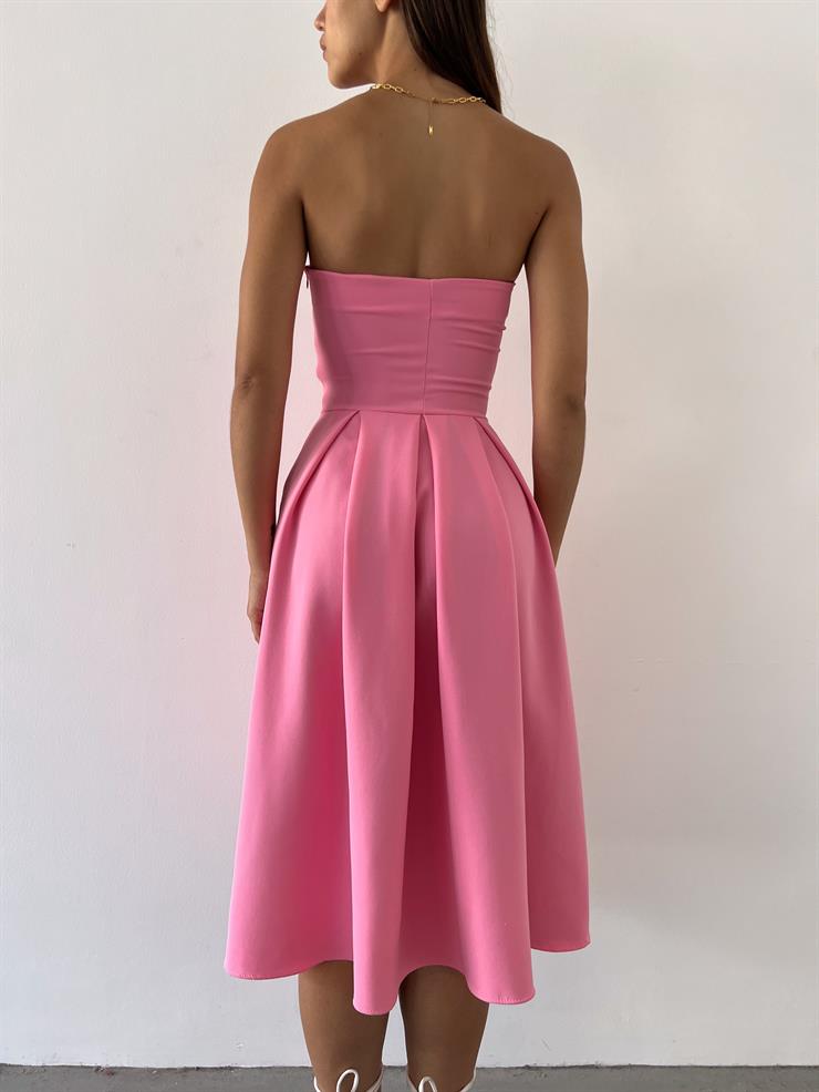 Straplez Belden Oturtmalı Maks Kadın Pembe Elbise 23Y000483