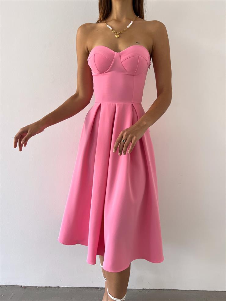 Straplez Belden Oturtmalı Maks Kadın Pembe Elbise 23Y000483