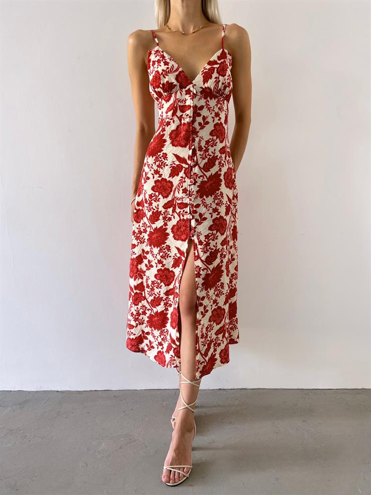 İnce Askılı V Yaka Önü Düğmeli Maksit Kadın Bordo Çiçekli Elbise 23Y000548