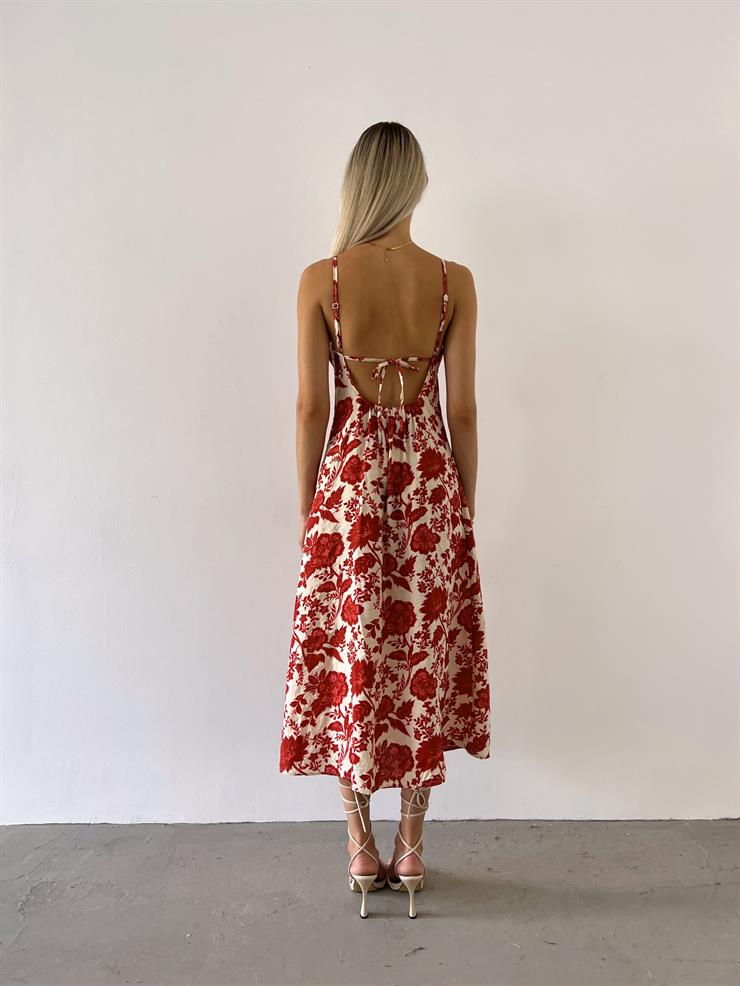 İnce Askılı V Yaka Önü Düğmeli Maksit Kadın Bordo Çiçekli Elbise 23Y000548