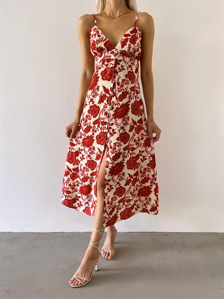 İnce Askılı V Yaka Önü Düğmeli Maksit Kadın Bordo Çiçekli Elbise 23Y000548