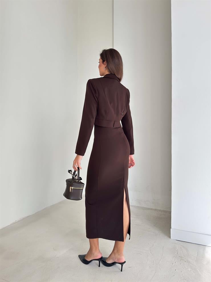 Kalın Askılı Arkası Yırtmaçlı Crop Ceket Malde Kahve Kadın İkili Takım 26K170