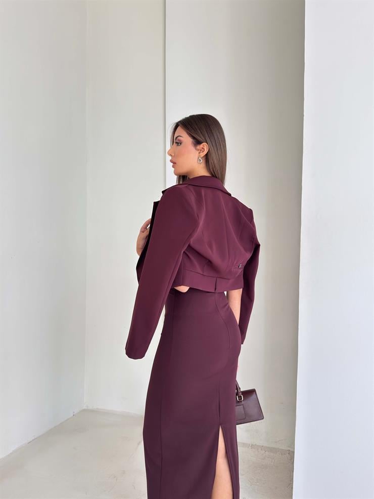 Kalın Askılı Arkası Yırtmaçlı Crop Ceket Malde Mor Kadın İkili Takım 26K170