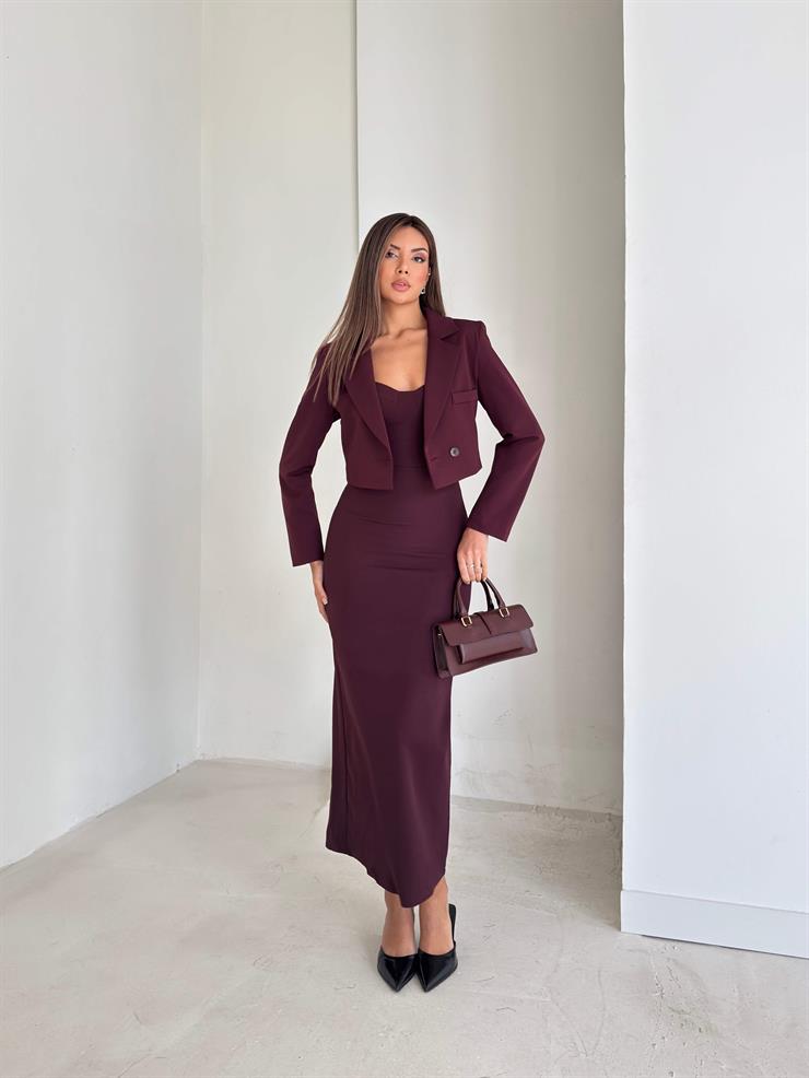 Kalın Askılı Arkası Yırtmaçlı Crop Ceket Malde Mor Kadın İkili Takım 26K170