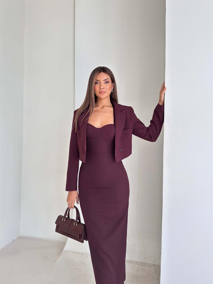 Kalın Askılı Arkası Yırtmaçlı Crop Ceket Malde Mor Kadın İkili Takım 26K170