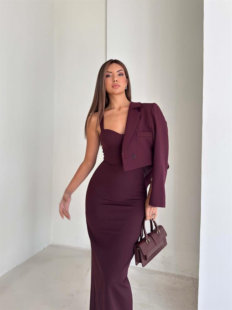 Kalın Askılı Arkası Yırtmaçlı Crop Ceket Malde Mor Kadın İkili Takım 26K170