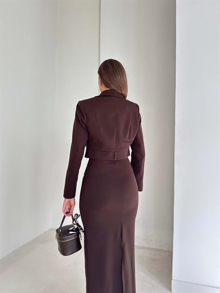 Kalın Askılı Arkası Yırtmaçlı Crop Ceket Malde Kahve Kadın İkili Takım 26K170