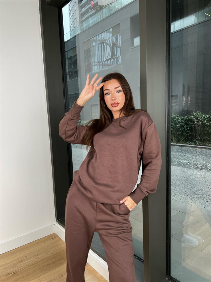 Bisiklet Yaka Sweatshirt Bileği Lastikli Eşofman Malen Kadın Kahve Takım 24k000169