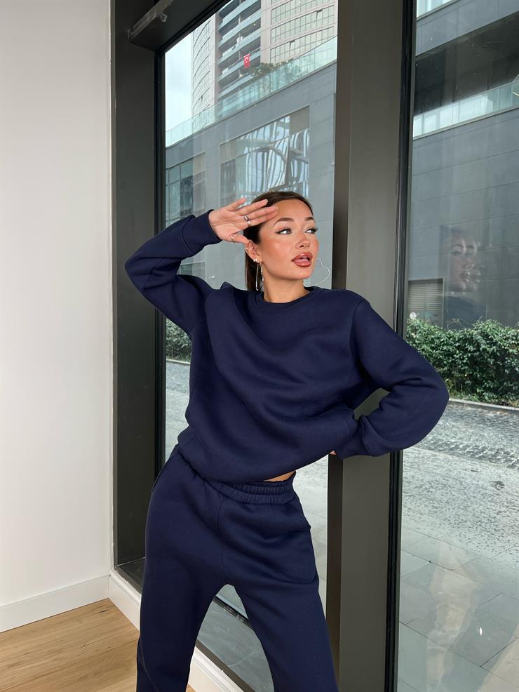 Bisiklet Yaka Sweatshirt Bileği Lastikli Eşofman Malen Kadın Lacivert Takım 24k000169