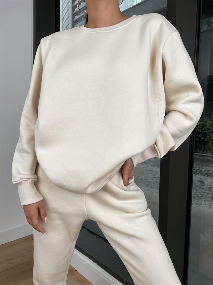 Bisiklet Yaka Sweatshirt Bileği Lastikli Eşofman Malen Kadın Bej Takım 24k000169