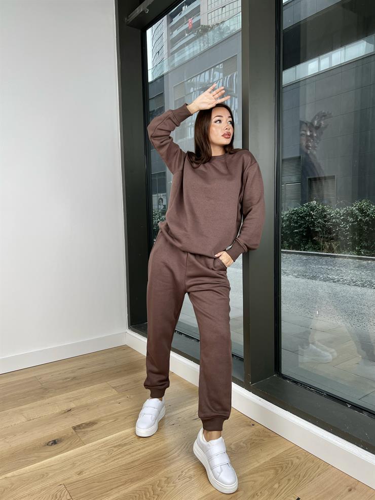 Bisiklet Yaka Sweatshirt Bileği Lastikli Eşofman Malen Kadın Kahve Takım 24k000169