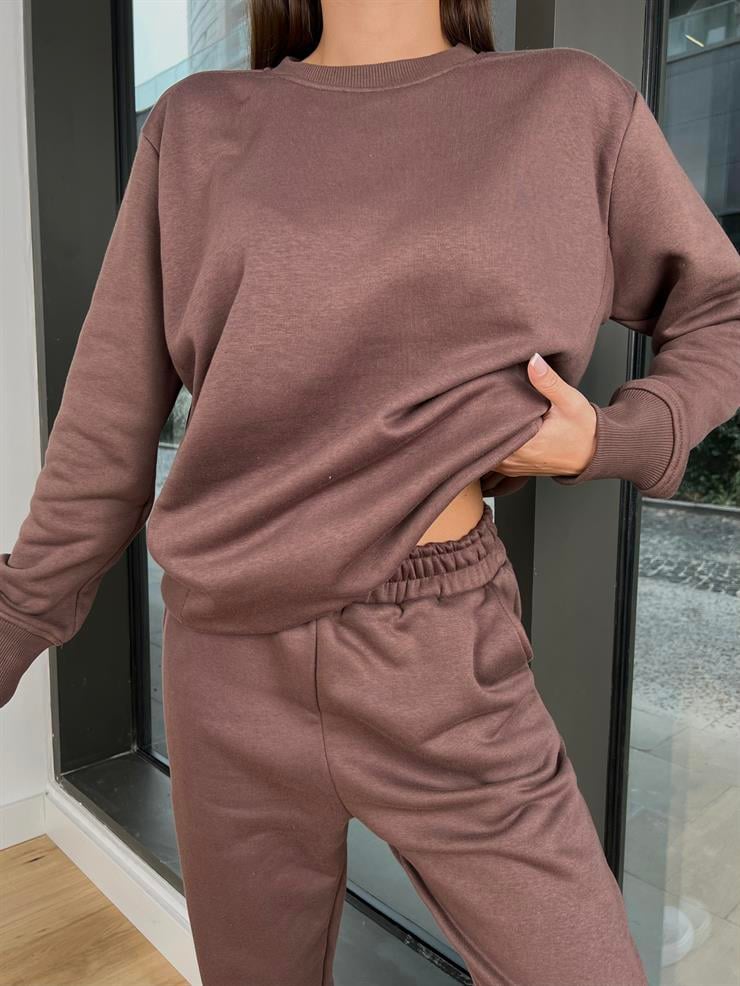 Bisiklet Yaka Sweatshirt Bileği Lastikli Eşofman Malen Kadın Kahve Takım 24k000169