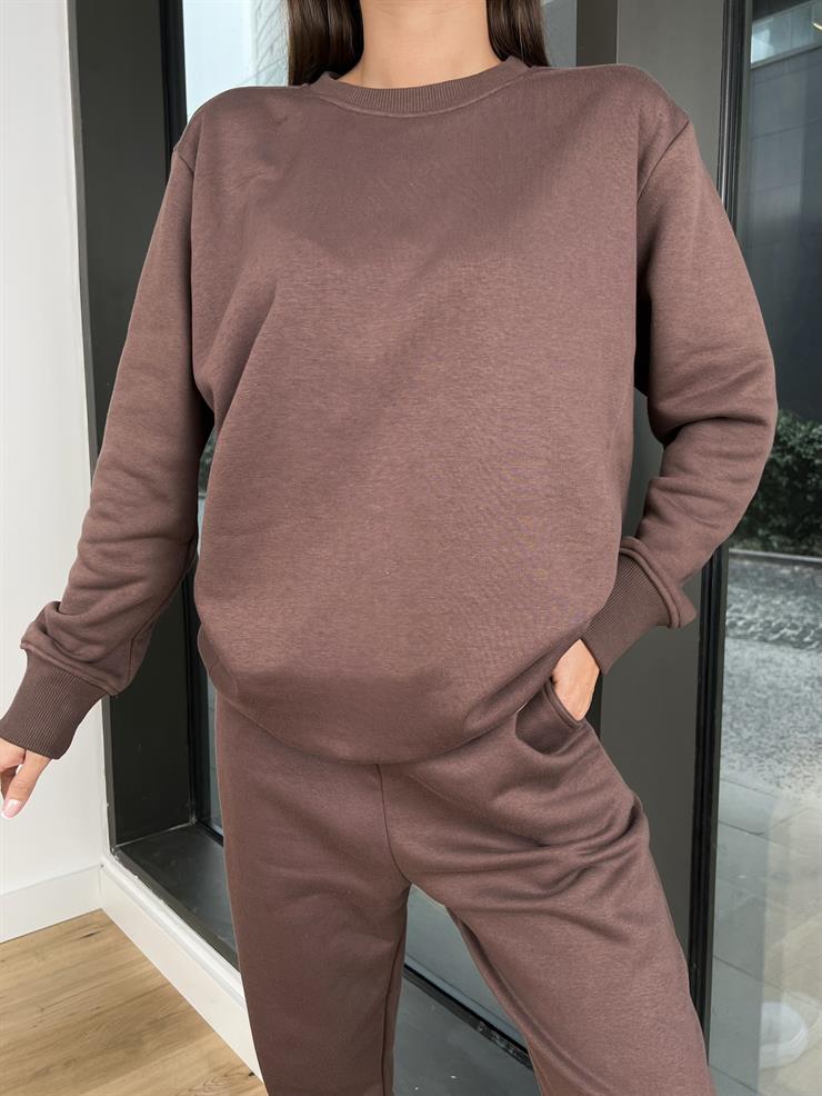 Bisiklet Yaka Sweatshirt Bileği Lastikli Eşofman Malen Kadın Kahve Takım 24k000169