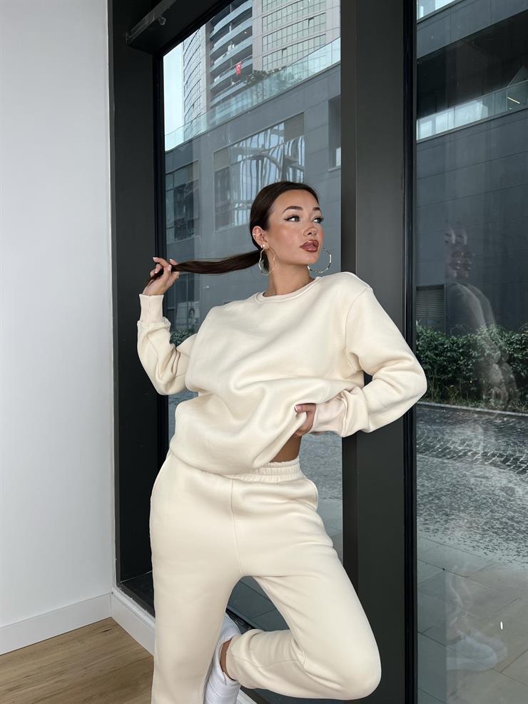 Bisiklet Yaka Sweatshirt Bileği Lastikli Eşofman Malen Kadın Bej Takım 24k000169