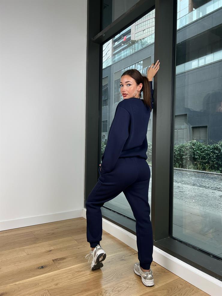 Bisiklet Yaka Sweatshirt Bileği Lastikli Eşofman Malen Kadın Lacivert Takım 24k000169