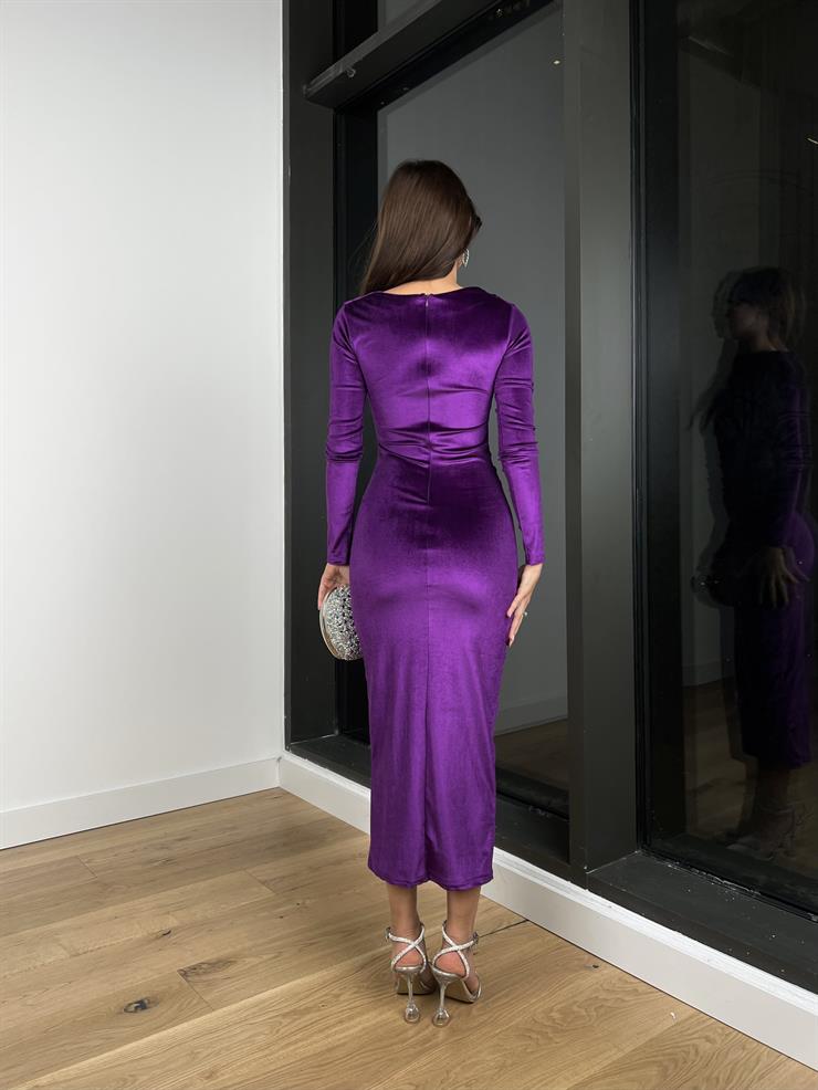 Uzun Kollu Drape Detaylı Malenkov Kadın Mor Kadife Elbise 24k301