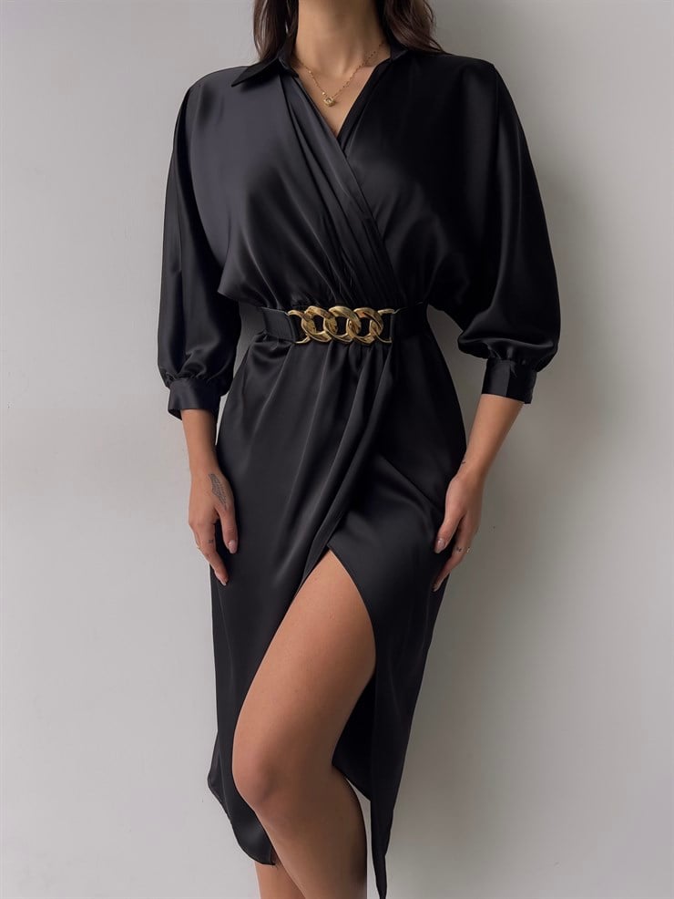 Kruvaze Yaka Kemerli Önden Yırtmaç Detay Malika Kadın Siyah Midi Elbise 23K000345