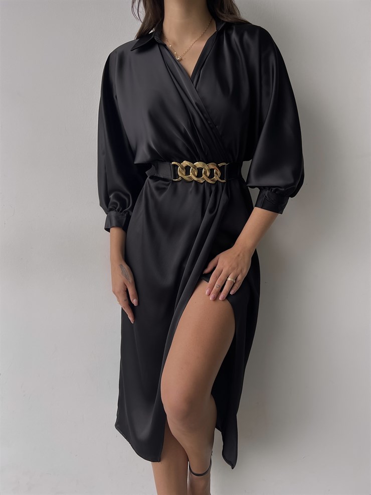 Kruvaze Yaka Kemerli Önden Yırtmaç Detay Malika Kadın Siyah Midi Elbise 23K000345